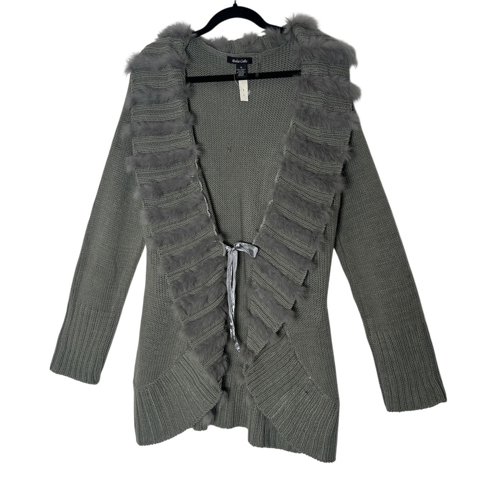 New Dolce Cabo Cardigan Sweater Women's XL Gray Faux Fur Collar Cabin Outdoor‎
